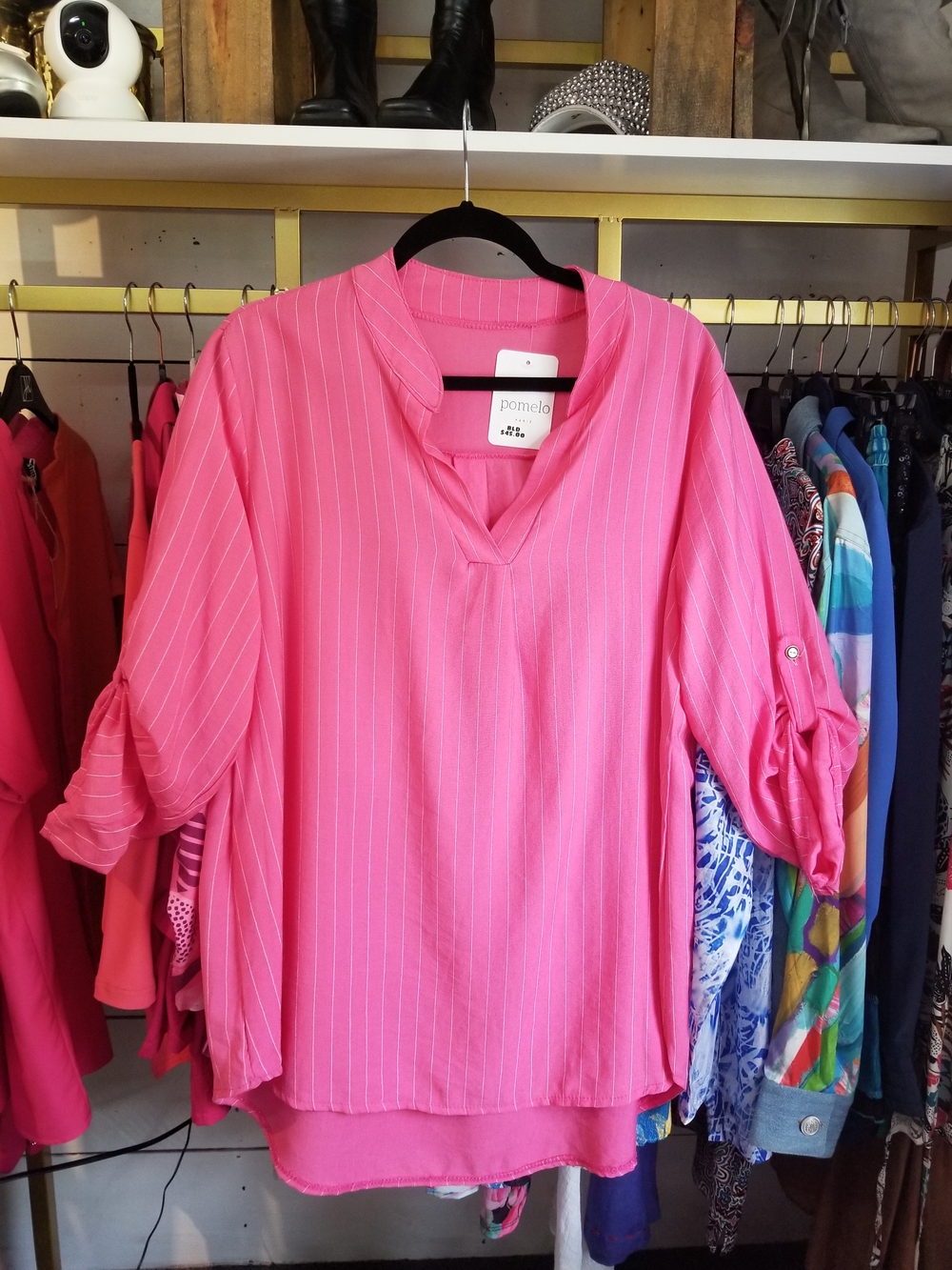 Pomelo Hot Pink Pinstripe V-Neck Roll-Sleeve Tunic
